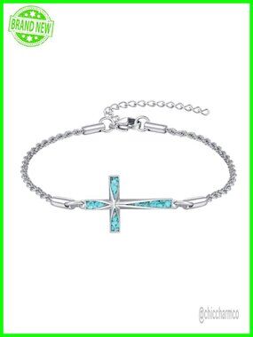 925 Sterling Silver Cross Bracelet Turquoise Origami Link Religious Gift